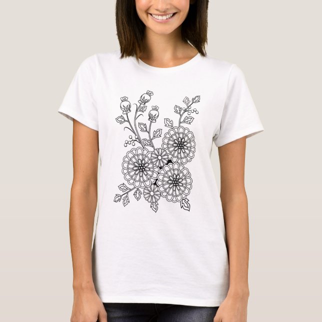 Camiseta Apronte para colorir o design floral extravagante (Frente)