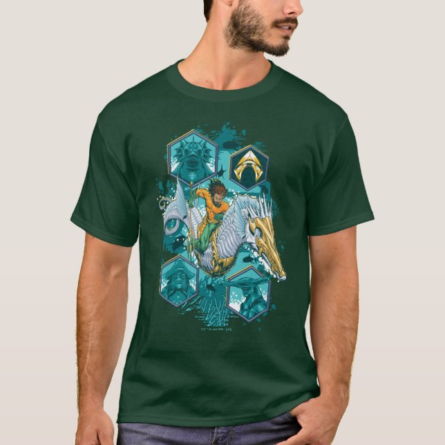 Camiseta Aquaman Riding Seacavalo através dos reinos (Frente)