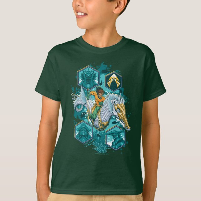 Camiseta Aquaman Riding Seacavalo através dos reinos (Frente)