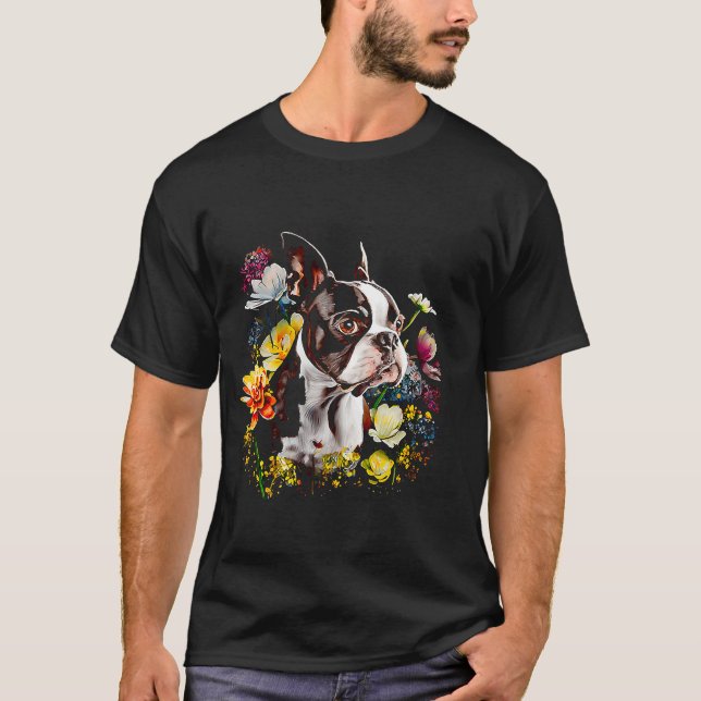 Camiseta Aquarela Boston Terrier com flores Bostie 18 (Frente)