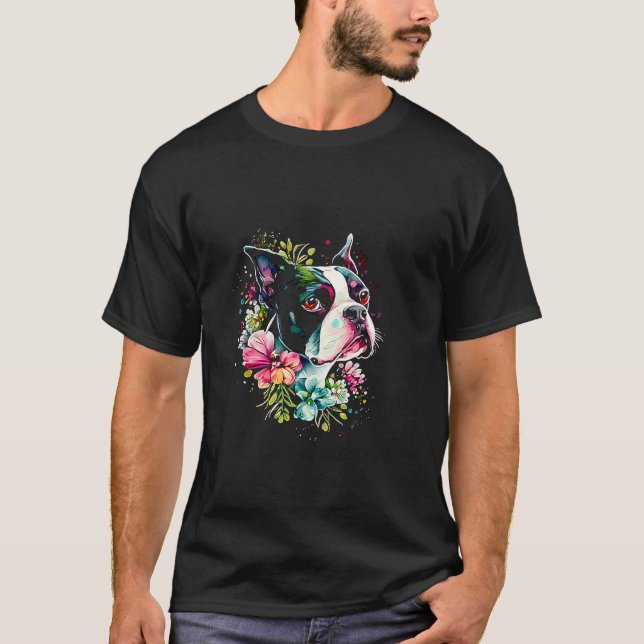 Camiseta Aquarela Boston Terrier com flores Bostie 25 (Frente)
