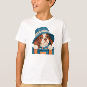 Camiseta Aquarela Cachorro Marrom Branco Fofo Chapéu Azul P