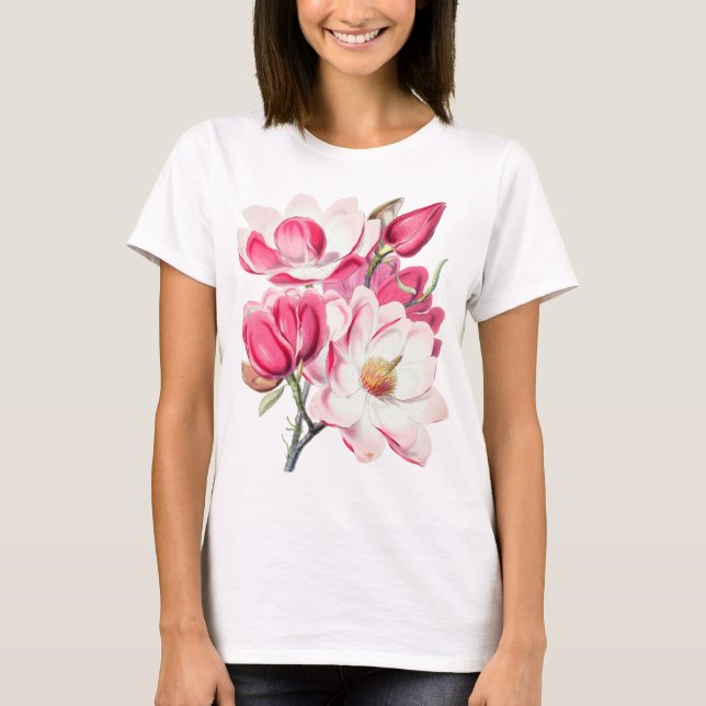 Camiseta Aquarela Cor Botânica Flores Magnólia (Frente)
