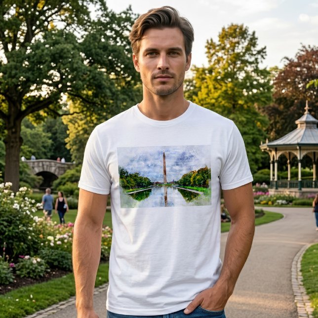 Camiseta Aquarela do Monumento a Washington com Reflexo (Washington Monument Watercolor with Reflection. Men Basic White T-Shirt)