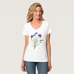 Camiseta Aquarela Flores Azuis Flores Selvagens Natureza