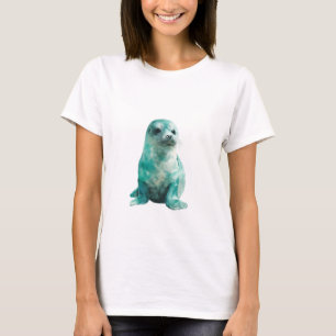 Camiseta Aquarela Foca Cinza Pontilhada de Verde-azulado Fe