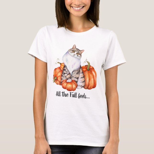 Camiseta Aquarela, Gato e Pumpkins, Sentimento de queda (Frente)