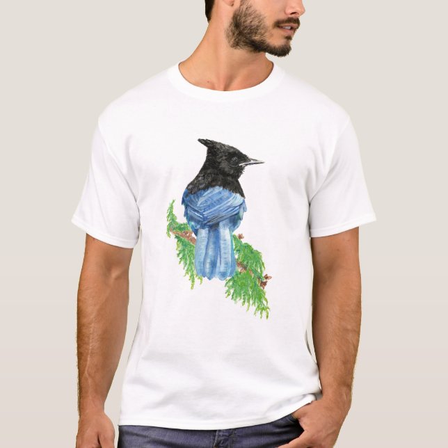 Camiseta Aquarela Stellar Jay Bird Art (Frente)