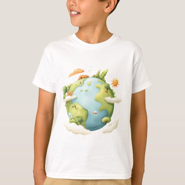 Camiseta Aquarela Terra - Cartoon Terra com Elemen Natureza (Frente)
