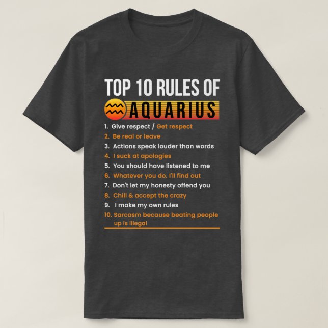 Camiseta Aquário 10 Regras Traça Fatos Horoscópio Zodiac Si (Frente do Design)
