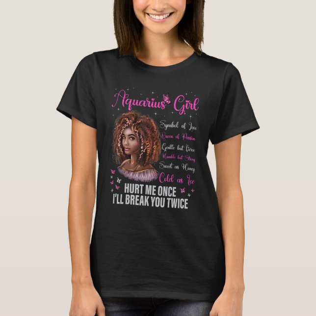 Camiseta Aquarius Girl Black Queen Zodiday Aniversário Afro (Frente)