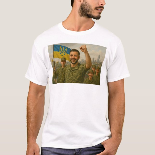 Camiseta Aqui, o Presidente Volodymyr Zelensky toma conta d (Frente)