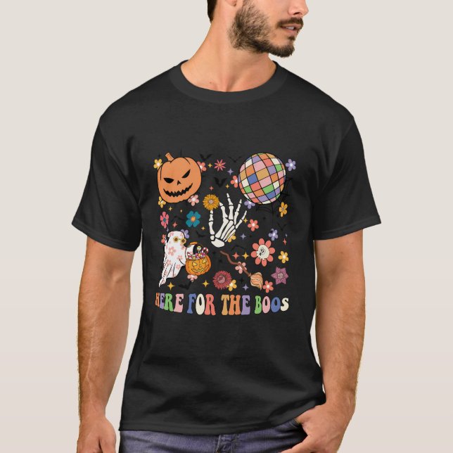 Camiseta Aqui Para O Esqueleto De Halloween Louco E Louco (Frente)