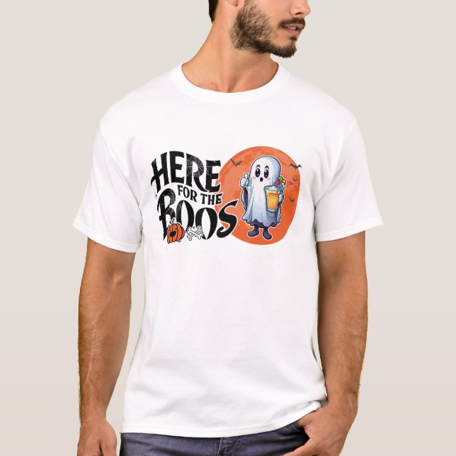 Camiseta Aqui para os Boos | Beba e coloque seu Spook em ci (Frente)