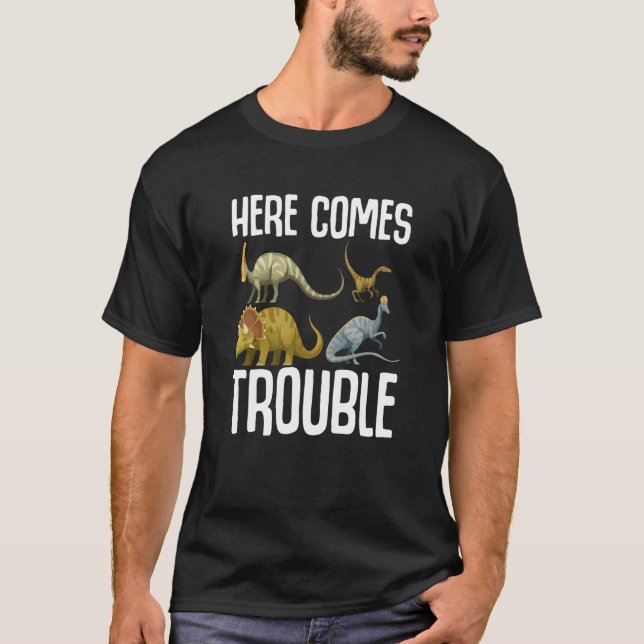 Camiseta Aqui Vem O Problema Do Dinossauro Rex Stegosaurus  (Frente)