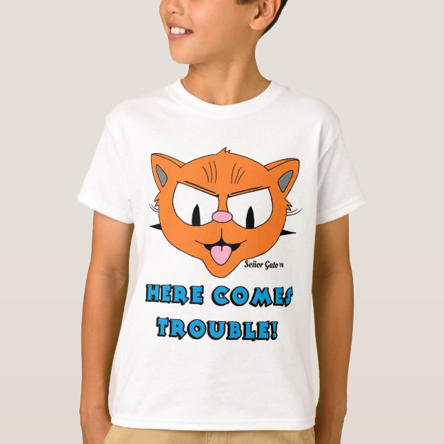Camiseta "AQUI VEM PROBLEMAS!" Filhos Engraçados de Gato de (Frente)