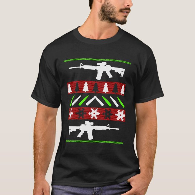 Camiseta Ar-15 Rifle Ugly Christmas Sweater - Funny Gun Lon (Frente)