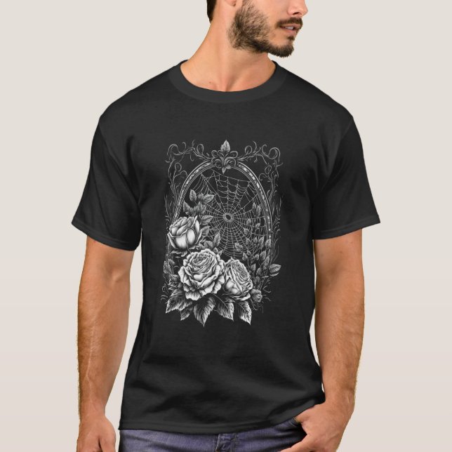Camiseta Aranha-Aranha Com Quadro E Rosa Nat Gótico Hallowe (Frente)