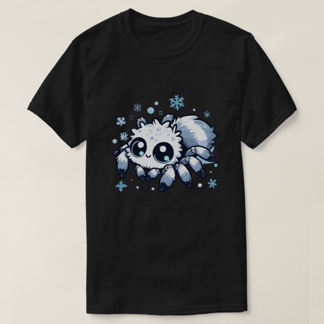 Camiseta Aranha branca e branca a saltar em flocos de neve (Frente do Design)