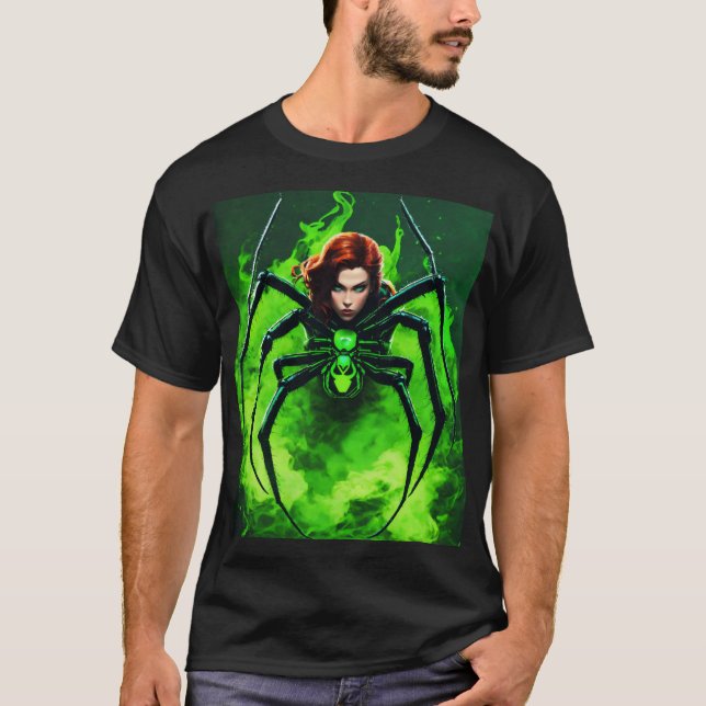 Camiseta Aranha viúva negra com fumaça verde neon à volta (Frente)