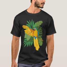 Camiseta Arara azul e dourada com folhas