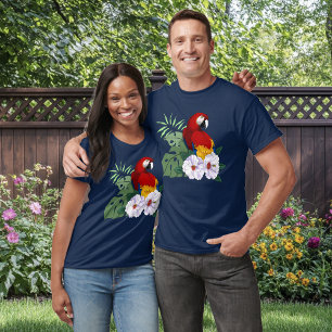 Camiseta Arara Vermelha Papagaio Tropical Hibisco Branco Fl
