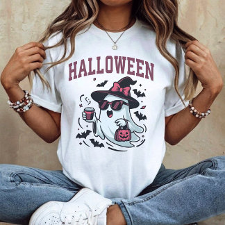 Camiseta Arco de Halloween - Fantasma Fofo segurando Café R