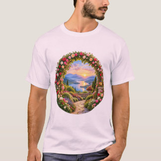 Camiseta Arco do Jardim de Rosas Romântico ao Nascer do Sol