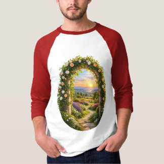 Camiseta Arco do Jardim de Rosas Romântico ao Nascer do Sol