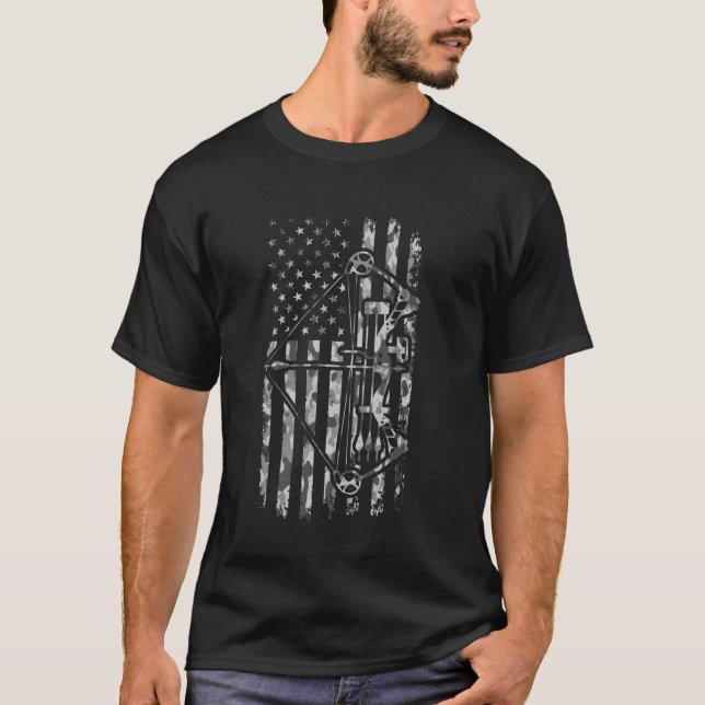 Camiseta Arco Hunter Archery Bowhunter Broadhead EUA Flag 2 (Frente)