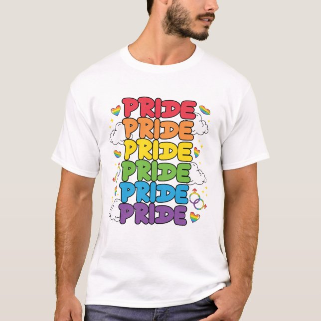 Camiseta Arco-íris, Corações e Nuvens - Orgulho Repetido (Frente)