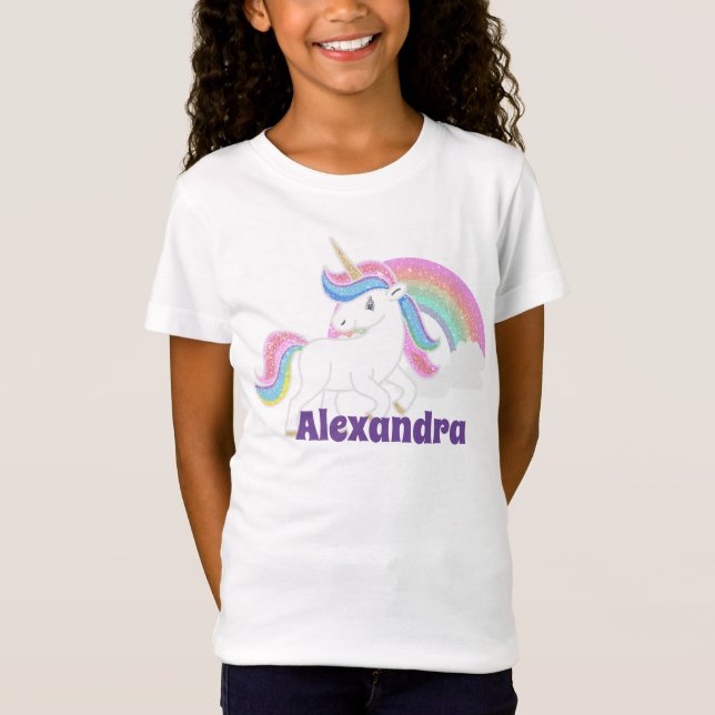 Camiseta Arco-íris de Brilho Personalizado e Unicórnio com  (Frente)