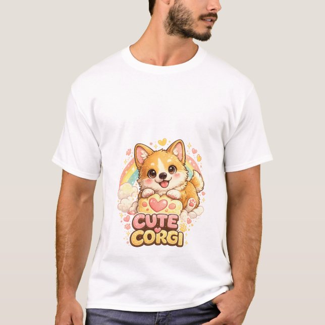 Camiseta Arco-Íris de Cachorrinho Corgi Adorável – (Frente)
