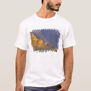 Camiseta Arco-íris duplo sobre uma formação rochosa perto d
