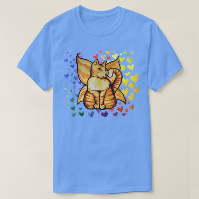 Camiseta Arco-Íris Gato Fada Amor Corações Bonitos (Frente do Design)