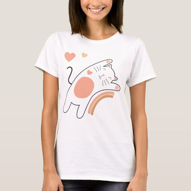 Camiseta Arco-íris Gato Fofo Kawaii (Frente)