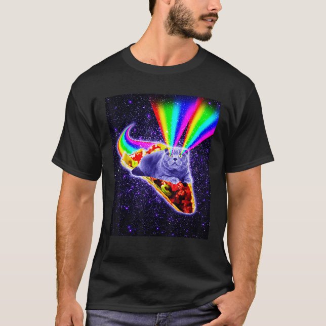 Camiseta Arco-Íris Laser Olhos Galáxicos Gato Andando Taco  (Frente)