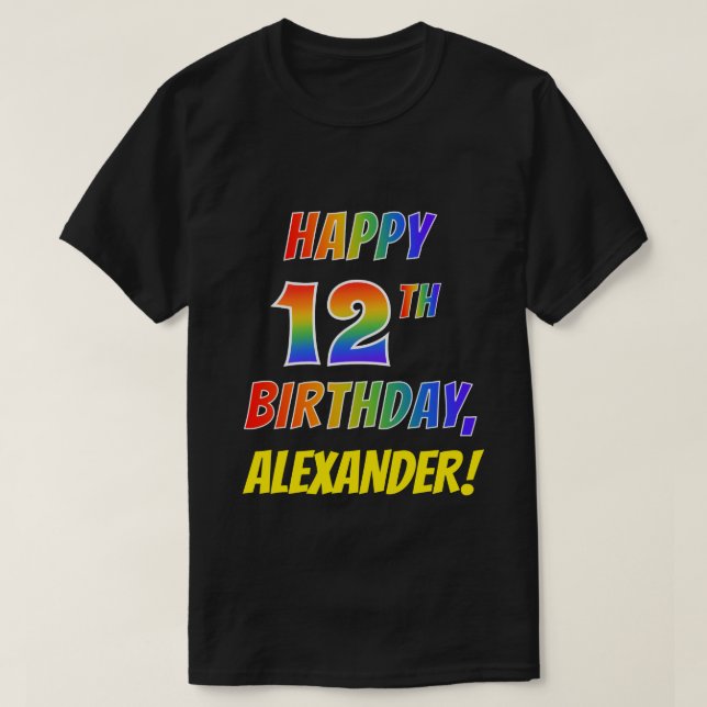 Camiseta Arco-Íris parece FELIZ 12 ANIVERSÁRIO + Nome Perso (Frente do Design)