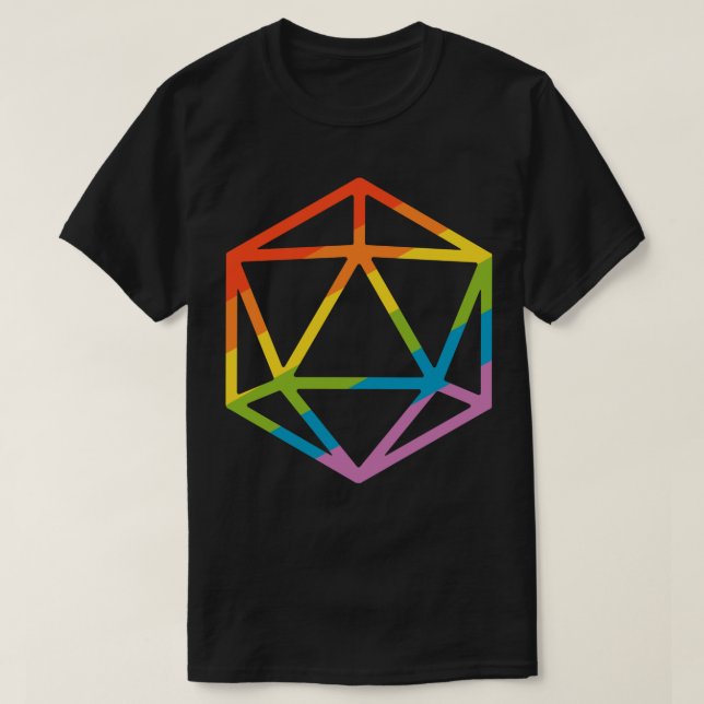 Camiseta Arco-Íris Poliedral D20 Dice Tabletop RPG (Frente do Design)