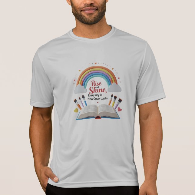 Camiseta Arco-Íris Rise and Shine – Crie, Aprenda (Frente)