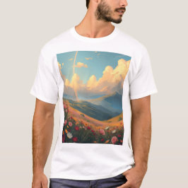 Camiseta Arco-íris Sobre Campo de Flores