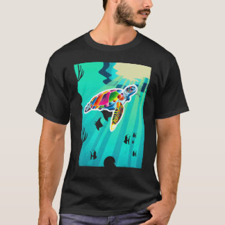 Camiseta Arco-Íris Tartaruga Marítima Colorida Nadando No O