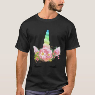 Camiseta Arco-Íris Unicórnio Flor Coroa