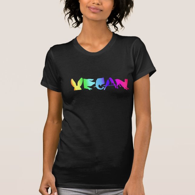 CAMISETA ARCO-ÍRIS UNIVERSAL DO SÍMBOLO DO VEGAN NO PRETO (Frente)