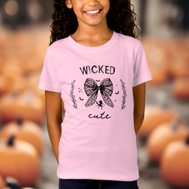 Camiseta Arco Preto de Bruxa com Coquette - Nome Rosa (Witch Coquette Black Bow Halloween Name Pink T-Shirt)