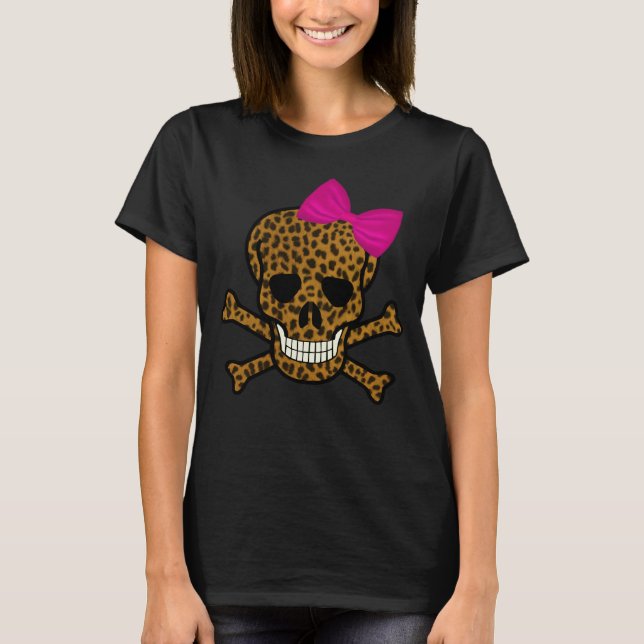 Camiseta Arco rosa-do-crânio pirata de impressão do Leopard (Frente)