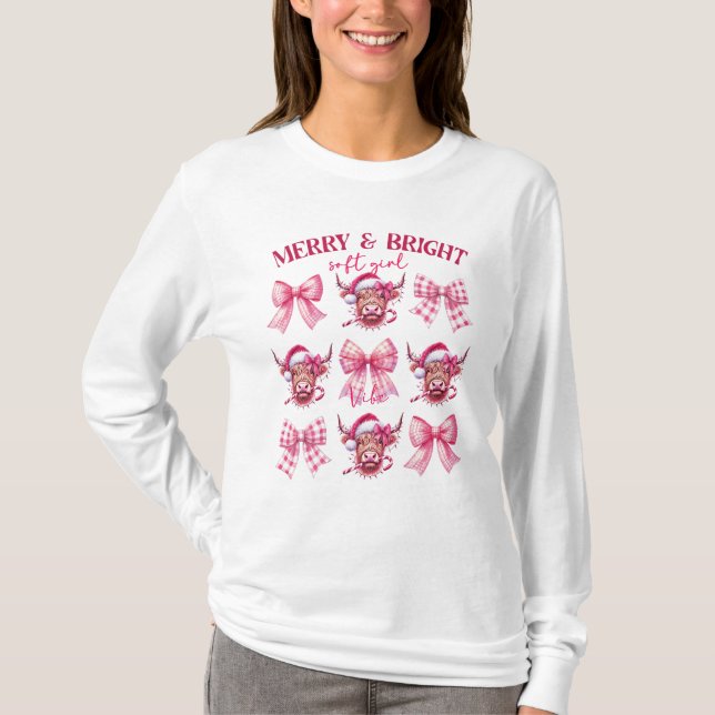 Camiseta Arcos e vacas de Natal cor-de-rosa (Frente)