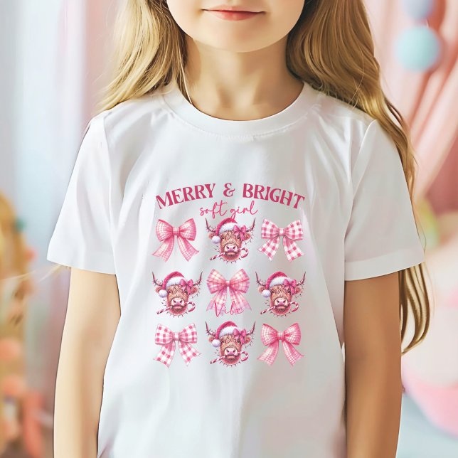 Camiseta Arcos e vacas de Natal cor-de-rosa (Christmas tee Pink bows and highland cows)