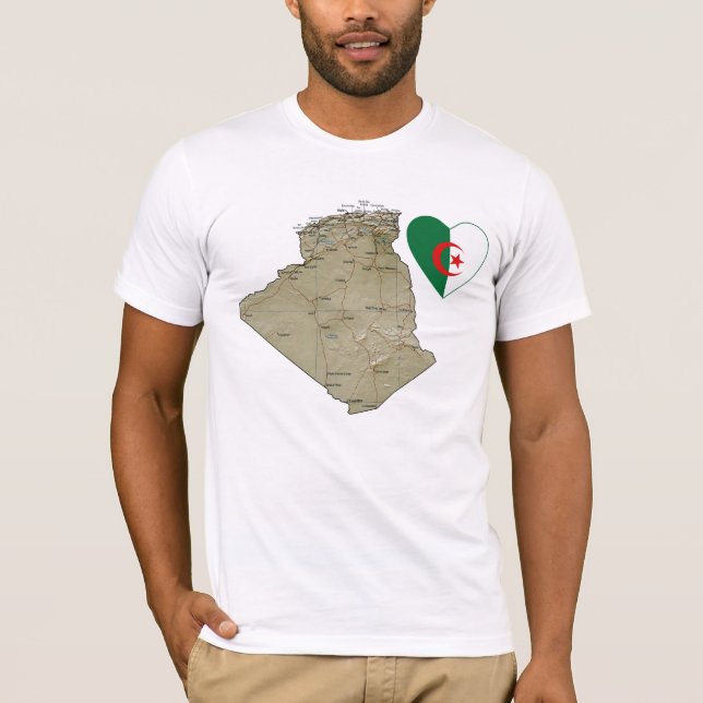 Camiseta Argélia Flag Heart and Map T-Shirt (Frente)