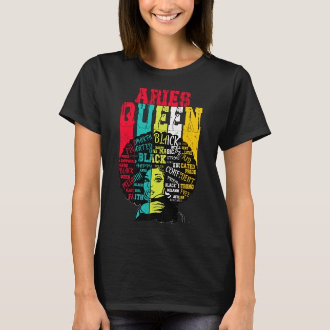 Camiseta Aries Queen Aries Pride Negra Mulher Negra Afro Ho (Frente)